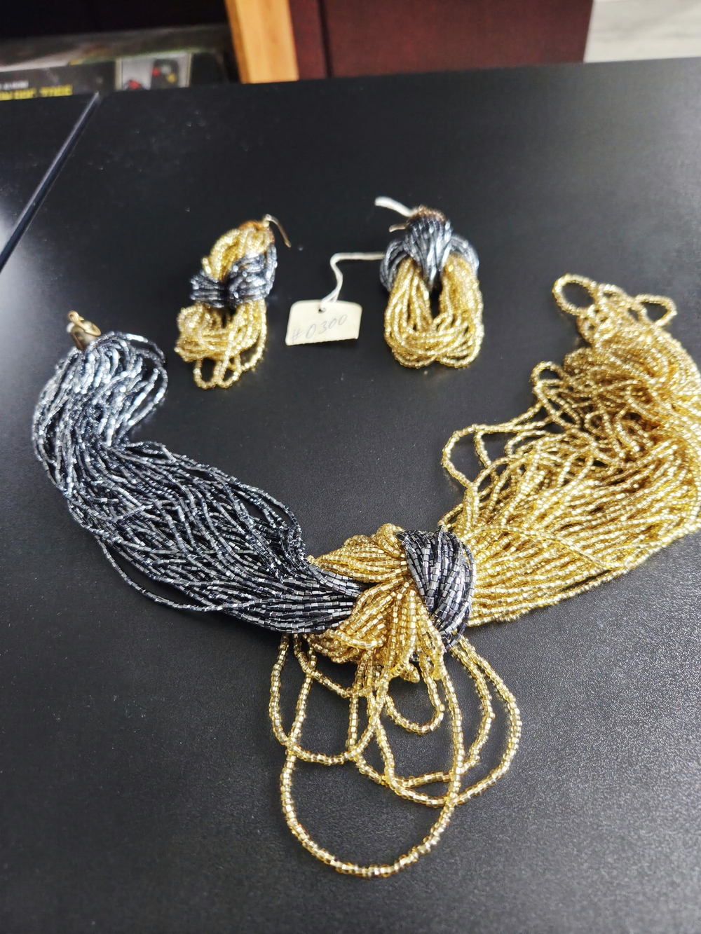 Two-Tone Gold and Gunmetal Multi-Strand Beaded Necklace with Matching Earrings